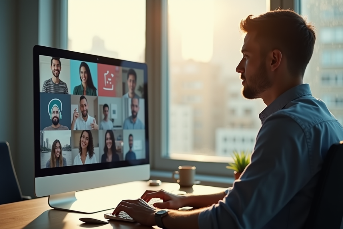 Personne assise à un bureau lumineux face à un écran de réseaux sociaux