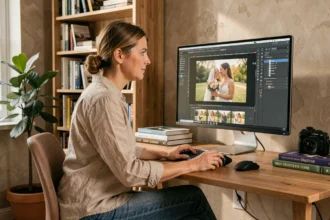 Photographe de mariage retouchant des photos de mariage sur un logiciel de retouche avec traitement par lot dans un bureau moderne