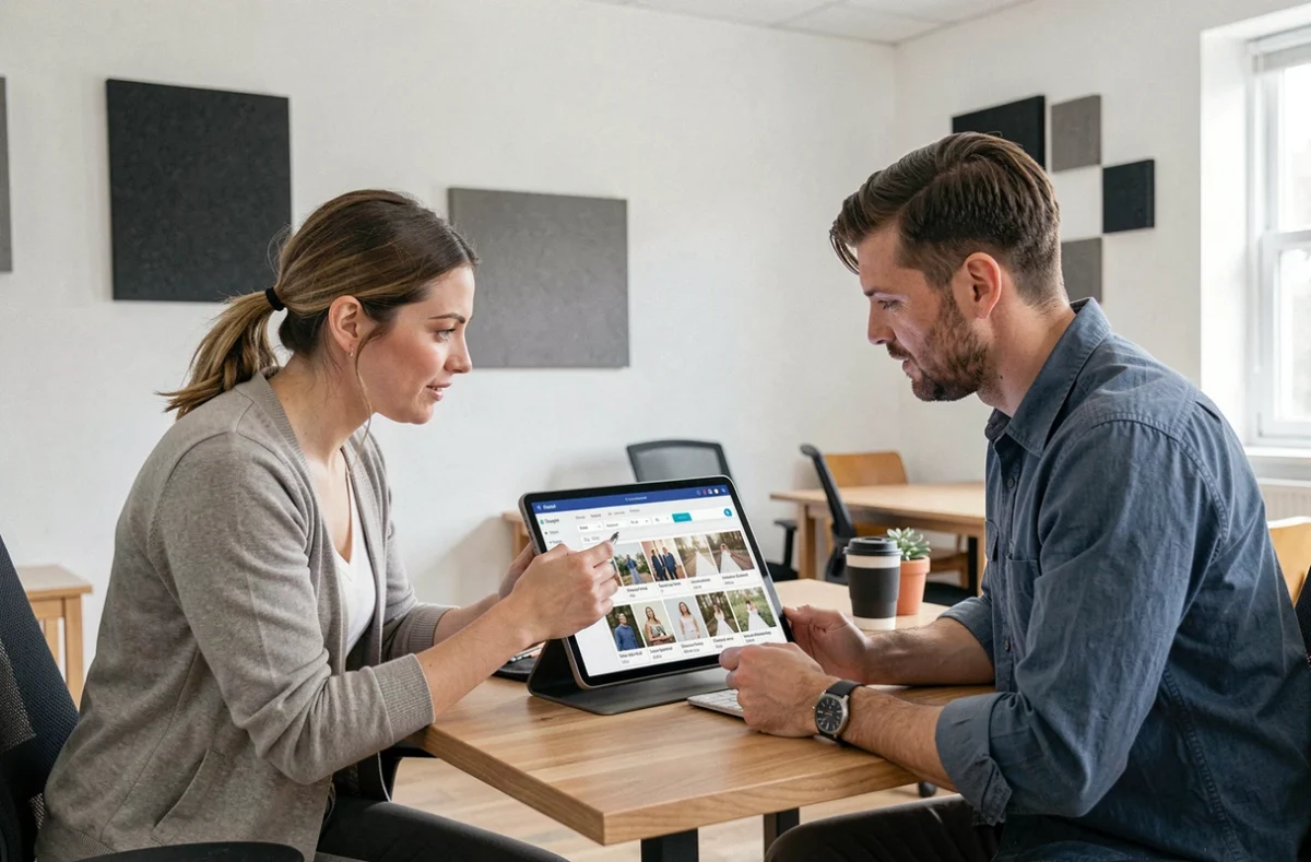 Deux photographes de mariage collaborant sur un workflow de retouche automatisée par intelligence artificielle sur tablette dans un espace de travail partagé