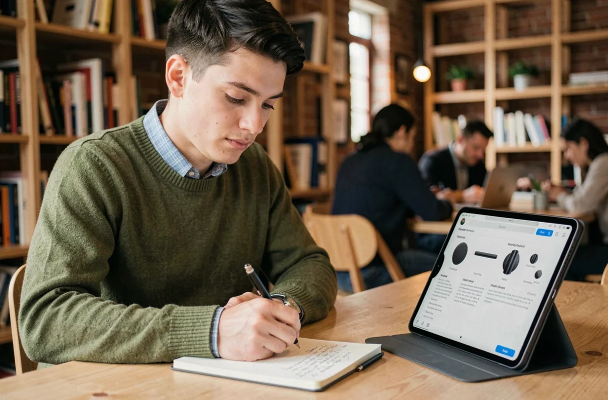Jeune professionnel prenant des notes sur l'utilisation de fonctionnalités dans un espace de coworking avec tablette numérique