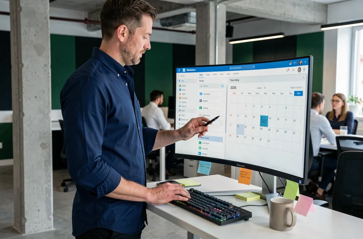 Homme gérant ses emails professionnels sur webmail Sogo avec un calendrier 2026 dans un open space moderne