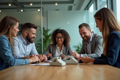 Groupe de professionnels discutant de téléphones reconditionnes