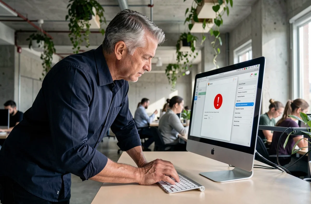 Homme configurant un raccourci clavier personnalisé pour le point d'exclamation sur un iMac dans un open space moderne