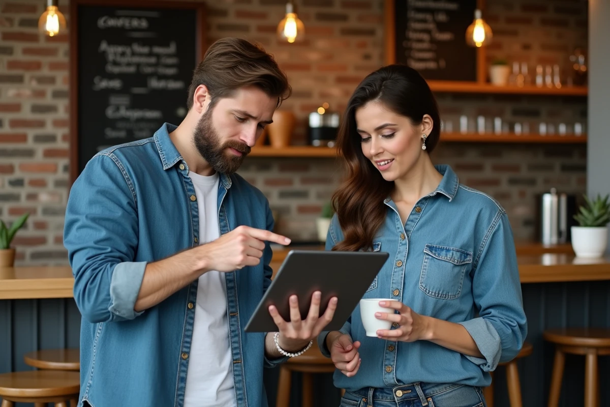 Deux personnes recherchant quelqu'un à l'aide d'une photo sur une tablette dans un café