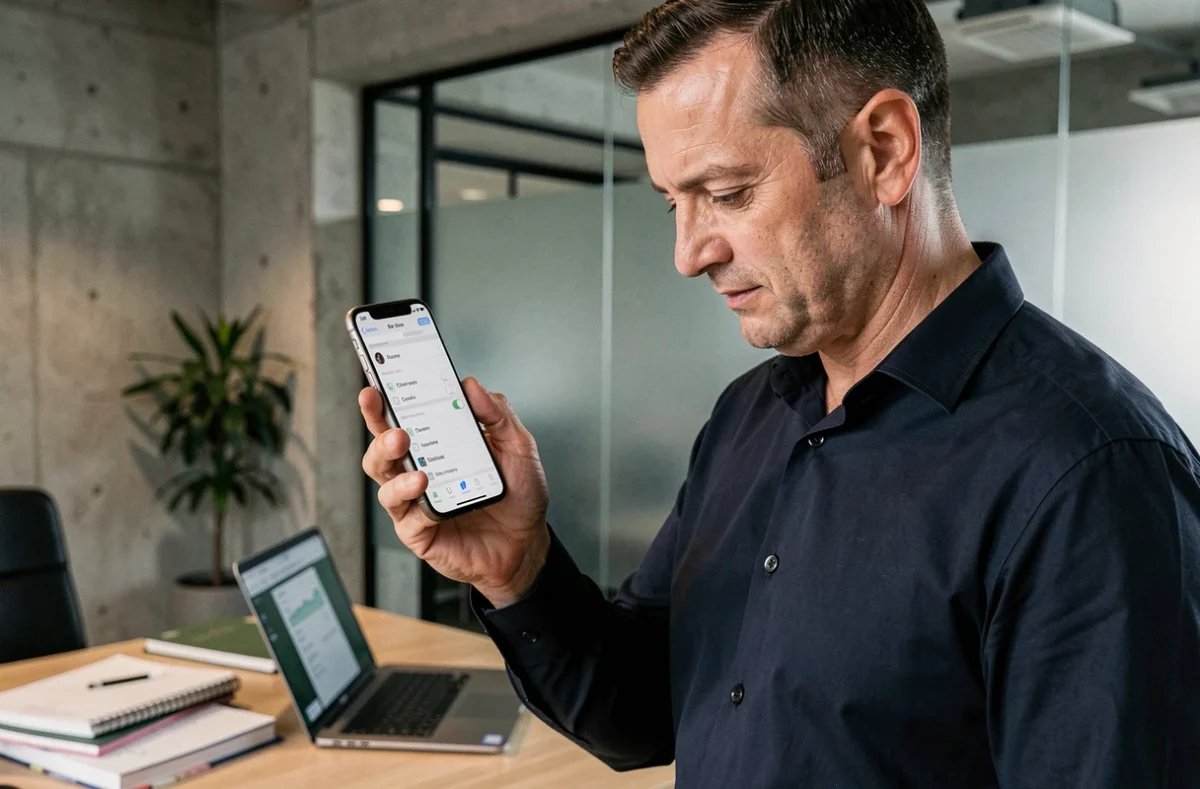 Homme en bureau consultant les nouveaux réglages d'alarme iPhone avec attention