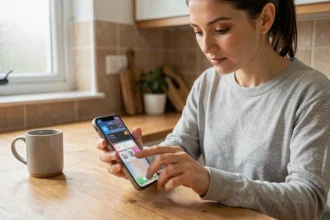 Femme réglant les paramètres d'alarme sur un iPhone dans une cuisine moderne en 2026