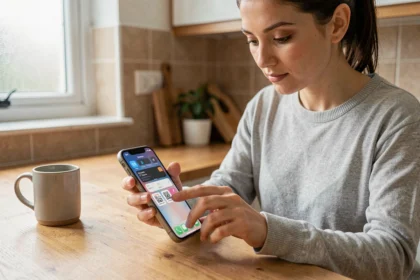 Femme réglant les paramètres d'alarme sur un iPhone dans une cuisine moderne en 2026