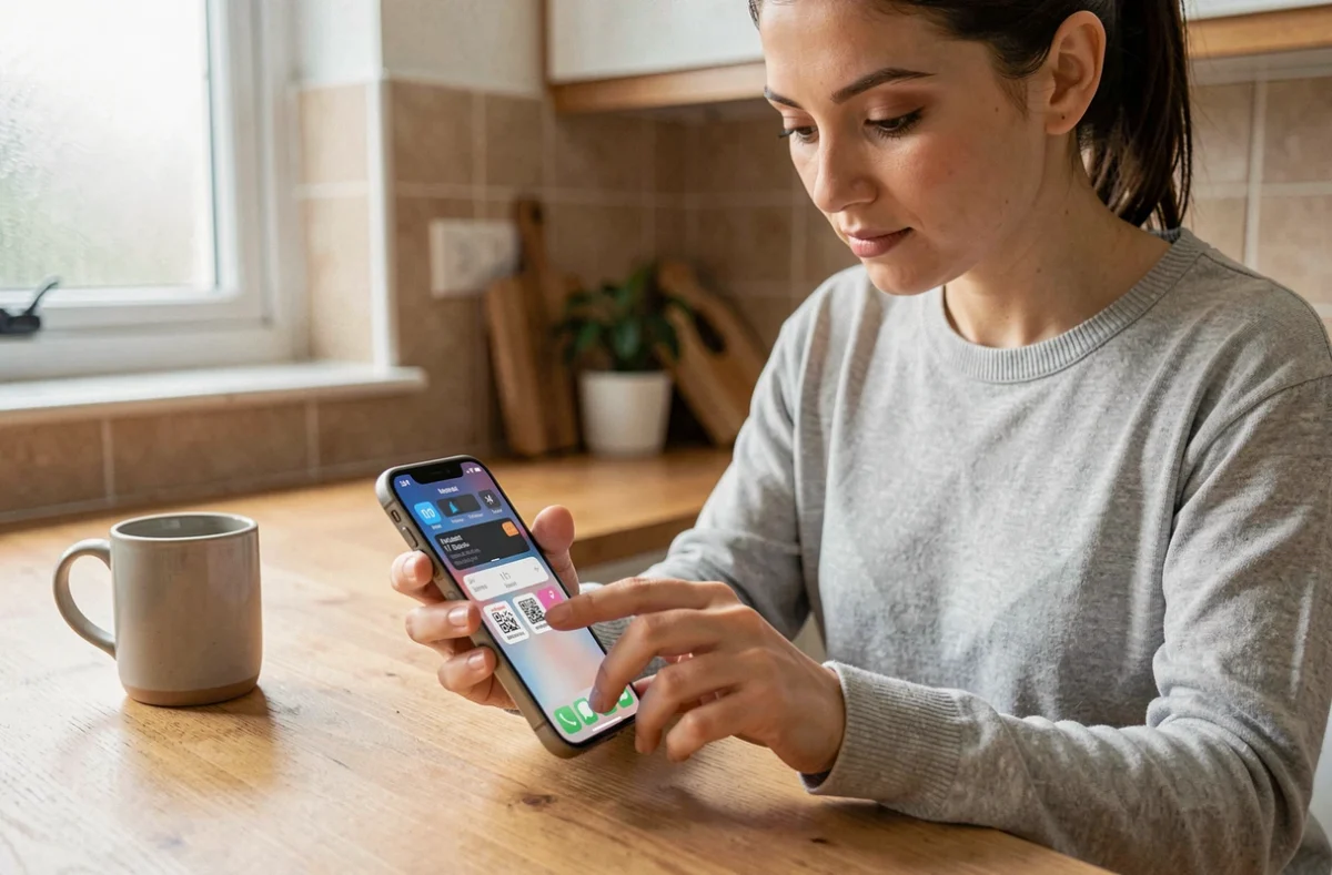 Femme réglant les paramètres d'alarme sur un iPhone dans une cuisine moderne en 2026