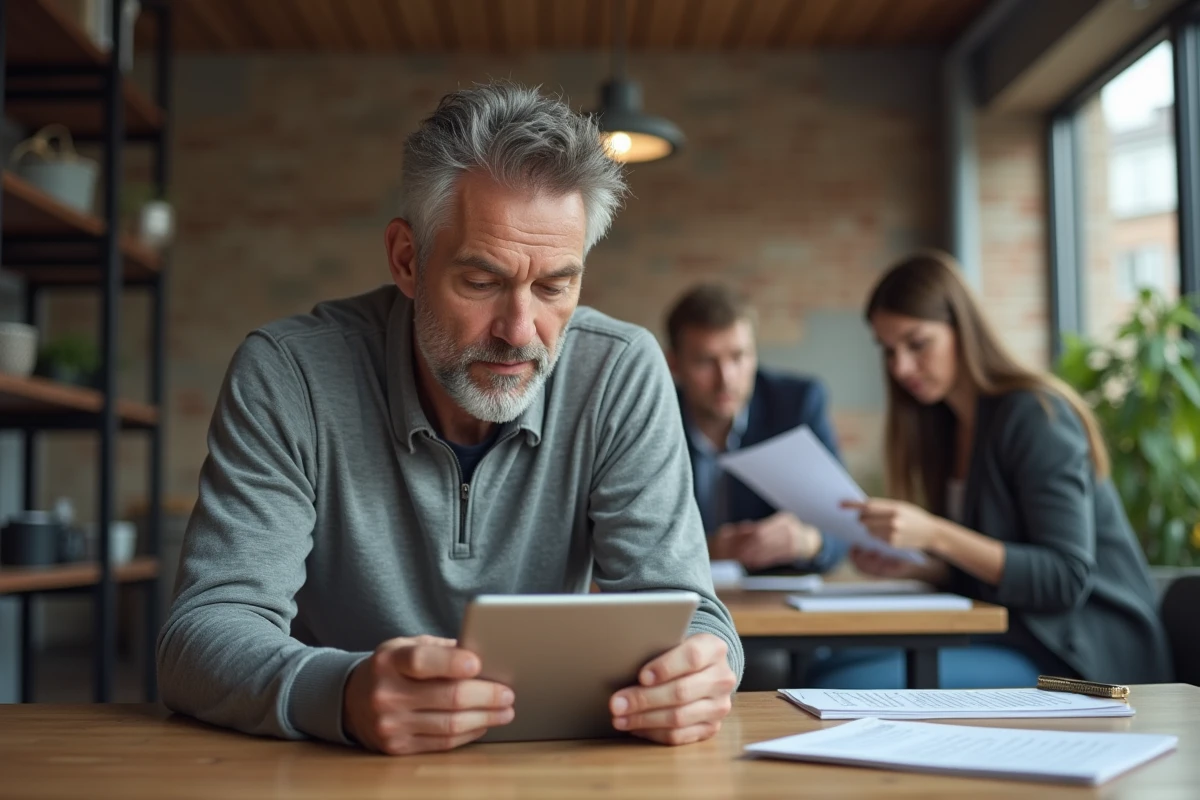 Responsable associatif consultant ses emails professionnels sur tablette lors d'une réunion dans une salle communautaire