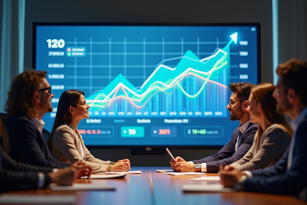 Groupe de professionnels discutant des graphiques de croissance