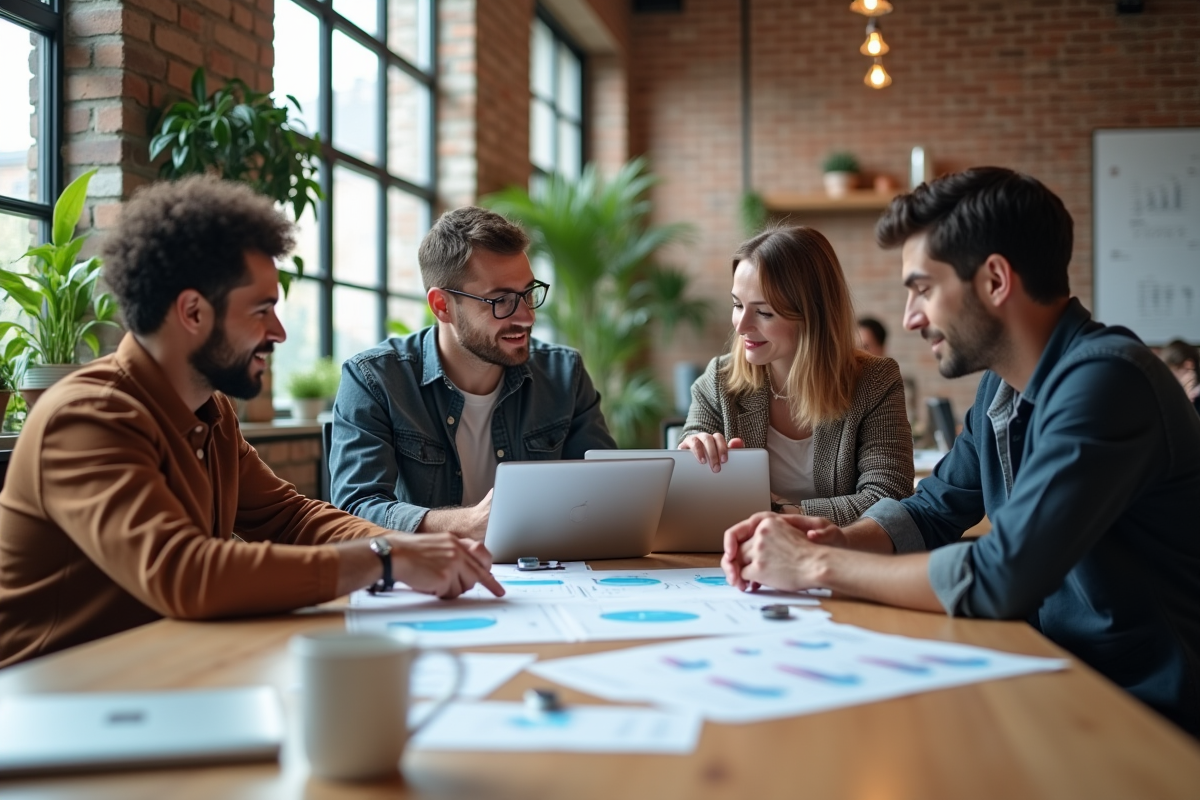 Groupe de jeunes professionnels en réunion dans un espace coworking