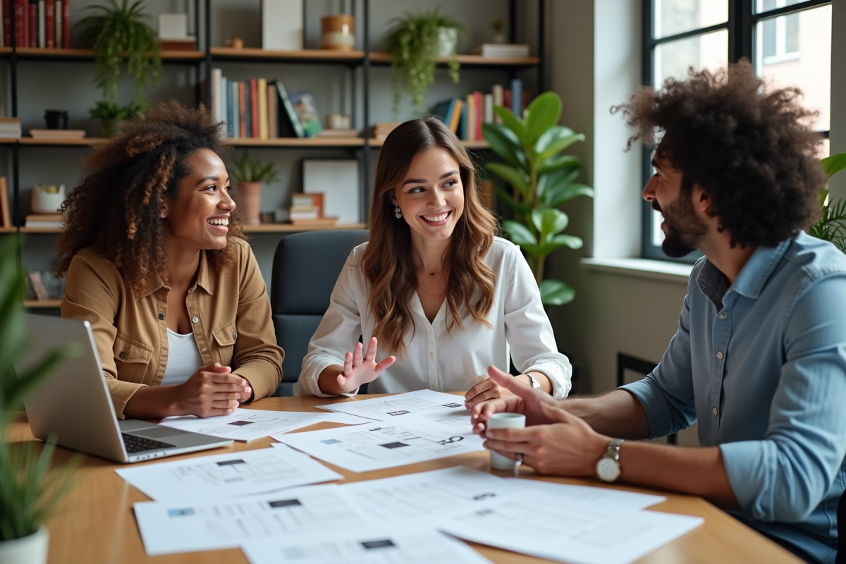 Groupe de professionnels discutant autour de wireframes et laptops