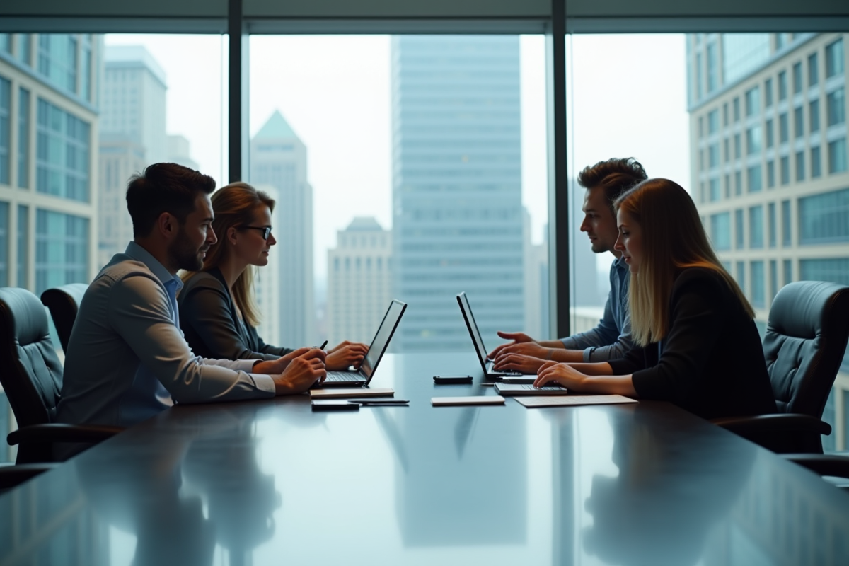 Groupe de professionnels discutant autour d une table moderne en bureau