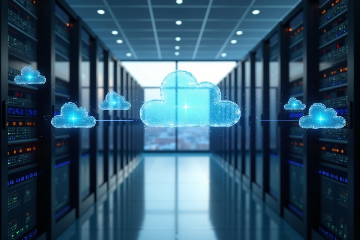 Salle serveurs moderne avec icones cloud holographiques