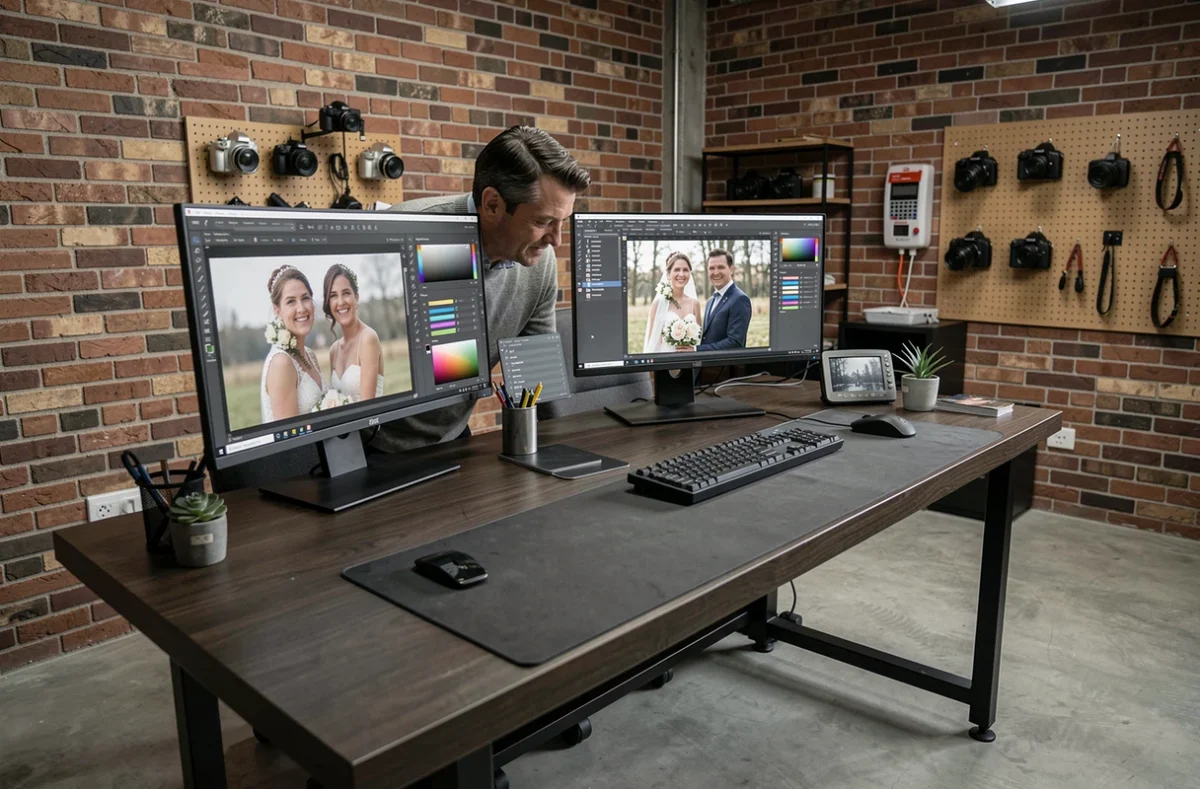 Photographe professionnel comparant des retouches automatiques de portraits de mariage avant et après sur deux écrans dans un studio créatif