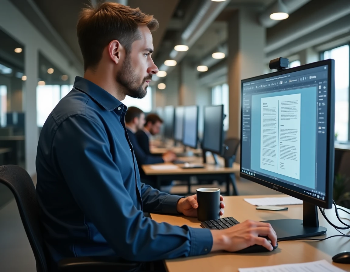 Homme supprimant des pages d'un PDF sur un grand écran dans un bureau en open space pour protéger des données sensibles