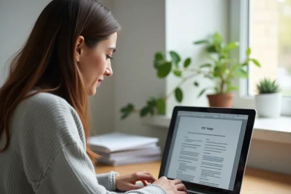 Femme consultant un PDF sur son ordinateur portable dans un bureau à domicile pour supprimer des pages confidentielles