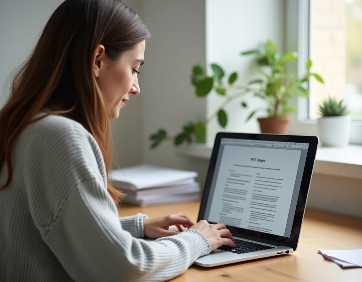 Femme consultant un PDF sur son ordinateur portable dans un bureau à domicile pour supprimer des pages confidentielles