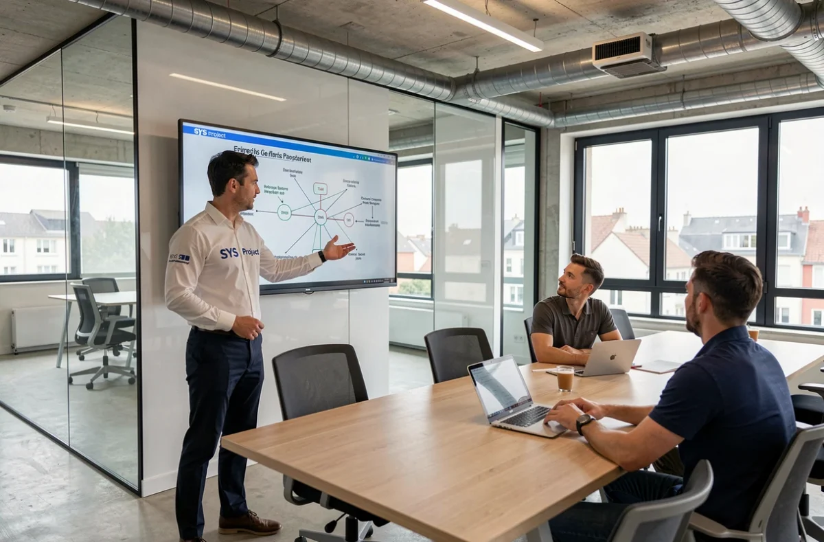 Manager de SYS Project présentant un schéma réseau à son équipe en salle de réunion moderne