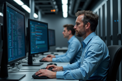Technicien informatique en salle serveurs surveillant des écrans