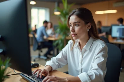Jeune femme professionnelle effectuant un test de rapidité clavier dans un bureau moderne pour améliorer son CV