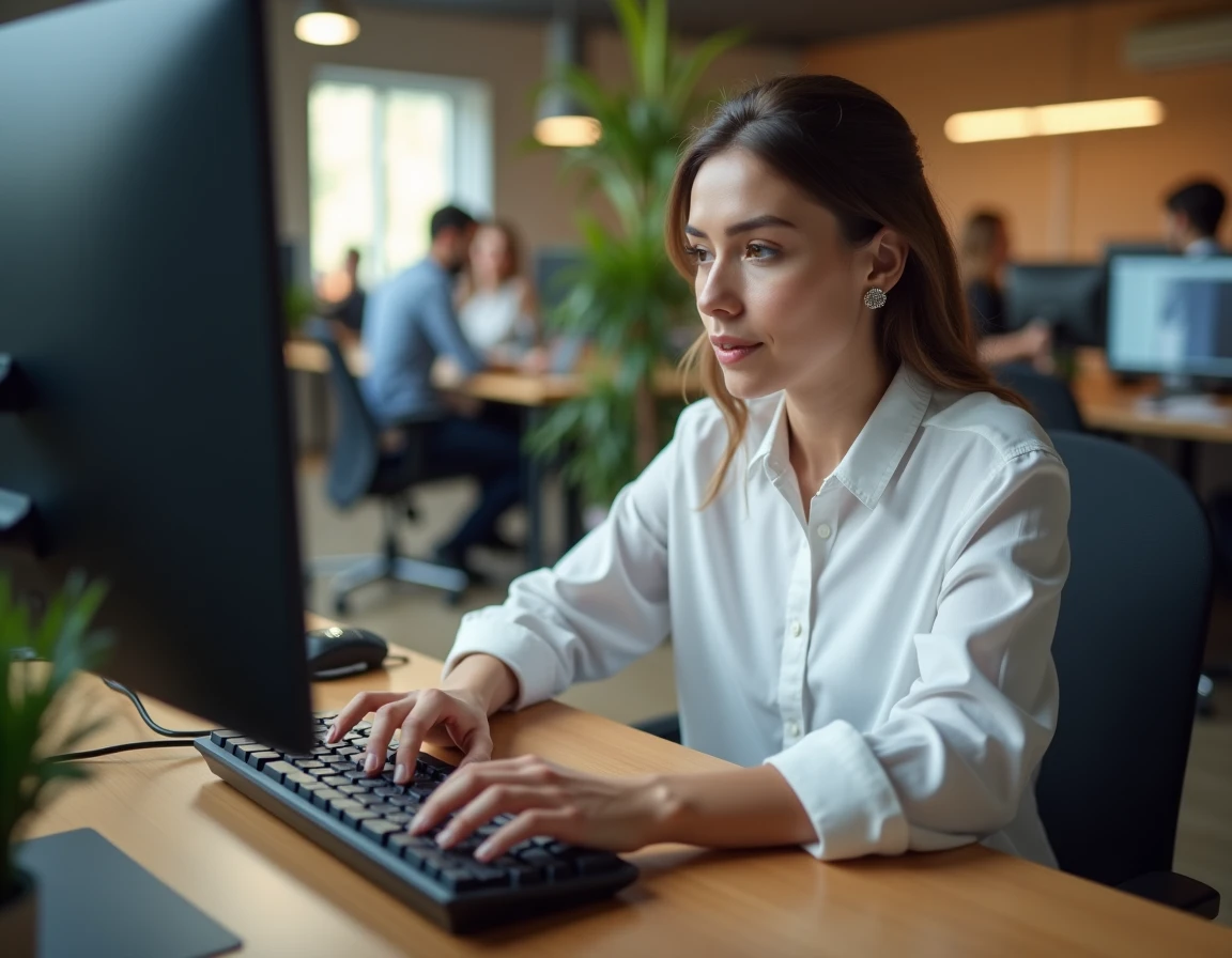 Jeune femme professionnelle effectuant un test de rapidité clavier dans un bureau moderne pour améliorer son CV