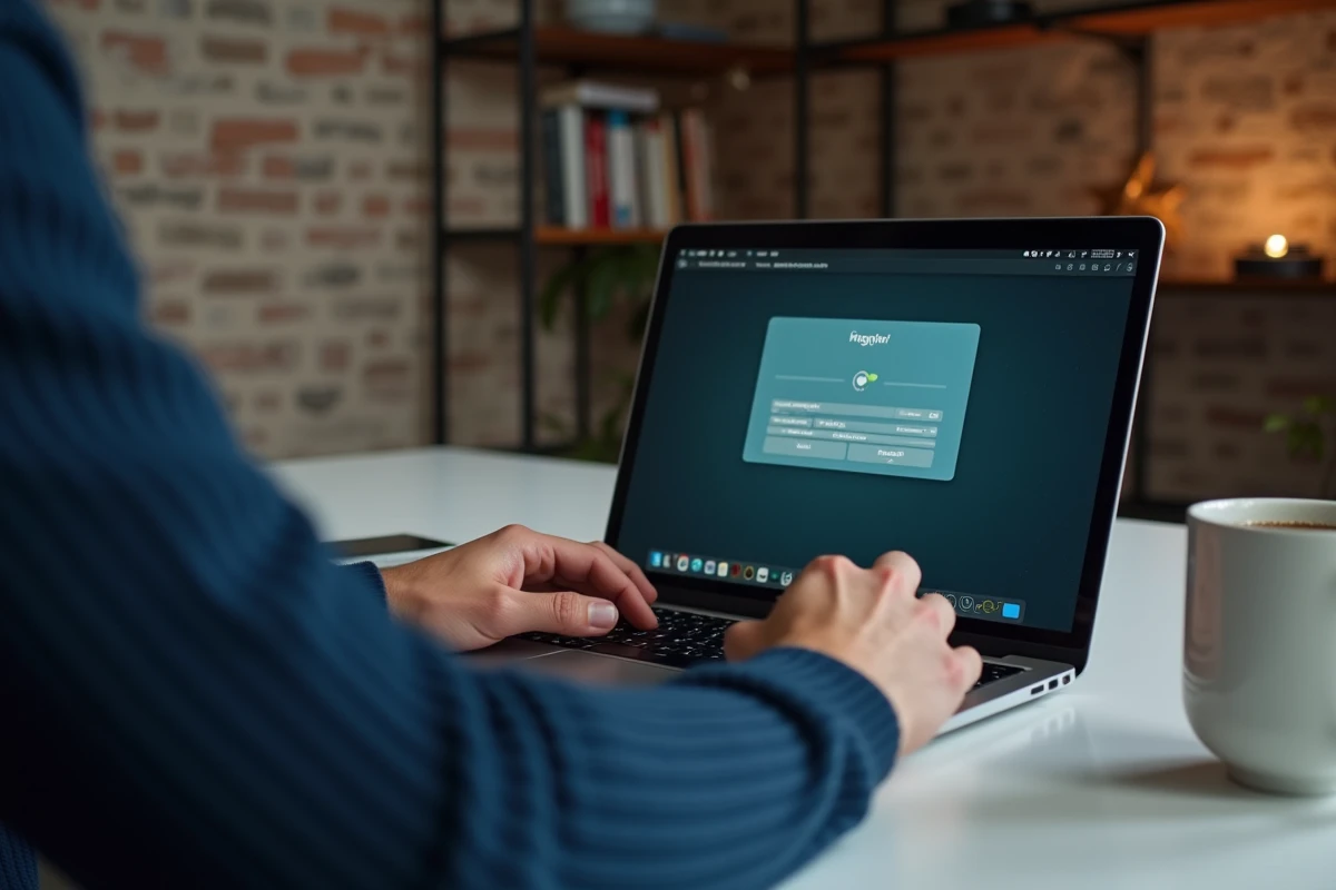 Homme en télétravail passant un test de vitesse de frappe clavier sur ordinateur portable pour valoriser son profil professionnel