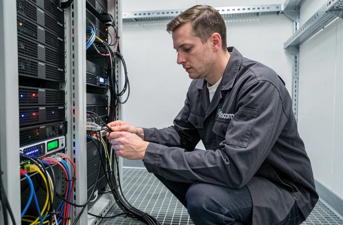 Technicien réseau Tiscom câblant un rack de serveurs dans une salle informatique