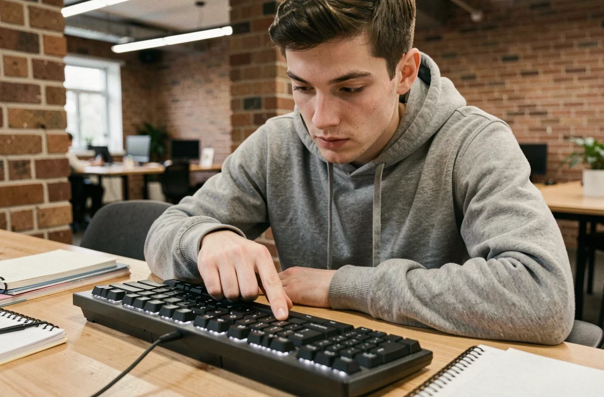 Homme désignant la touche antislash sur un clavier QWERTY mécanique dans un espace coworking