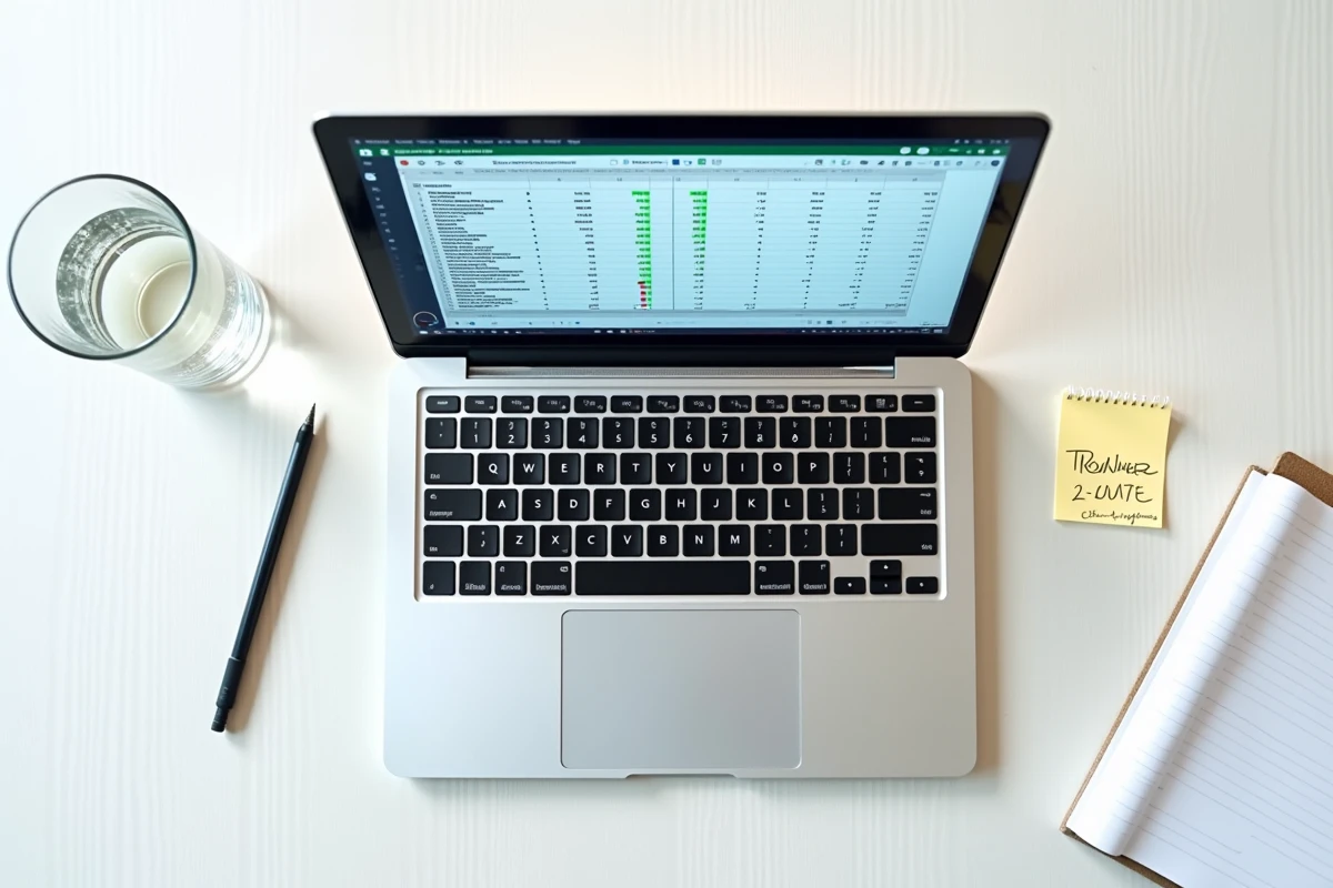 Vue aérienne d'un ordinateur portable avec un tableau Excel affichant des doublons surlignés en couleurs