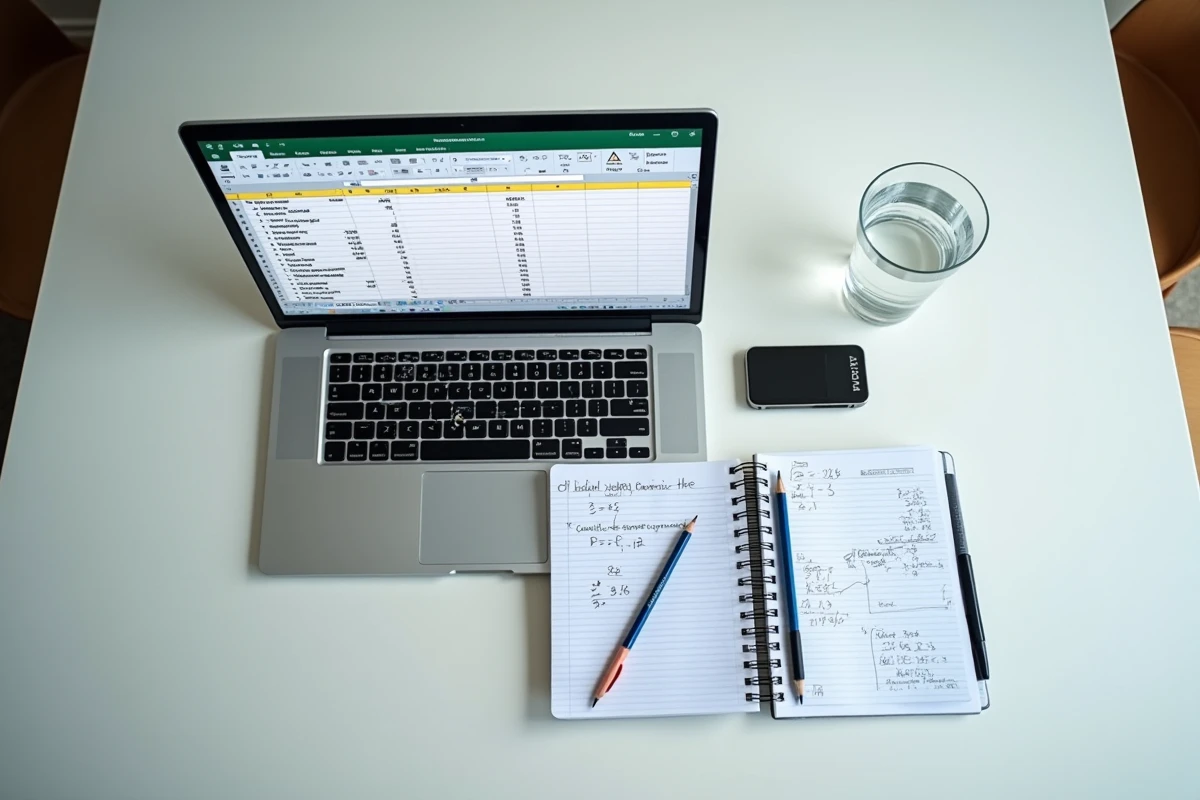 Vue de dessus d'un bureau avec un ordinateur portable affichant des formules Excel de calcul de moyenne