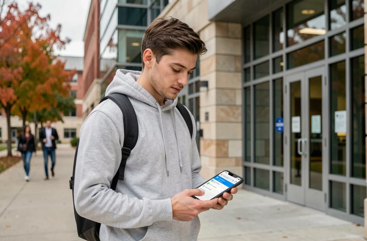 Étudiant consultant Webmel Nancy sur smartphone devant un bâtiment universitaire
